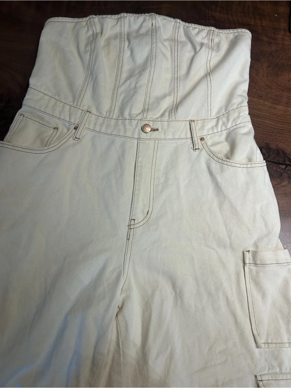 Wild Fable Women's Tube Cargo Cream Denim Jumpsuit